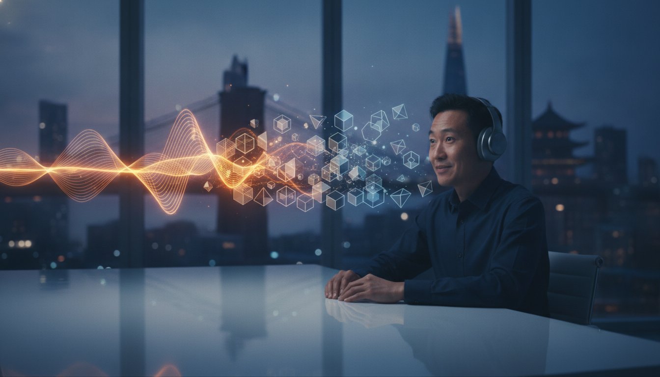 A man listening to language audio wearing headphones