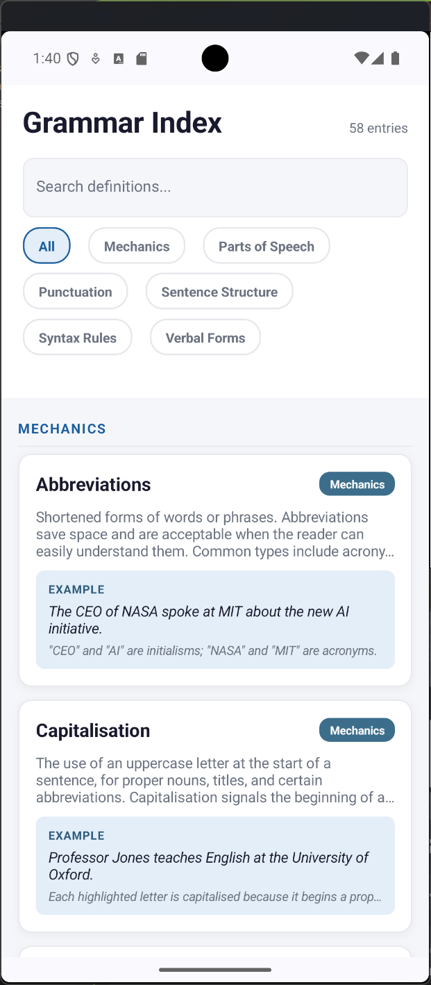The Grammar Index Android app showing grammar entries