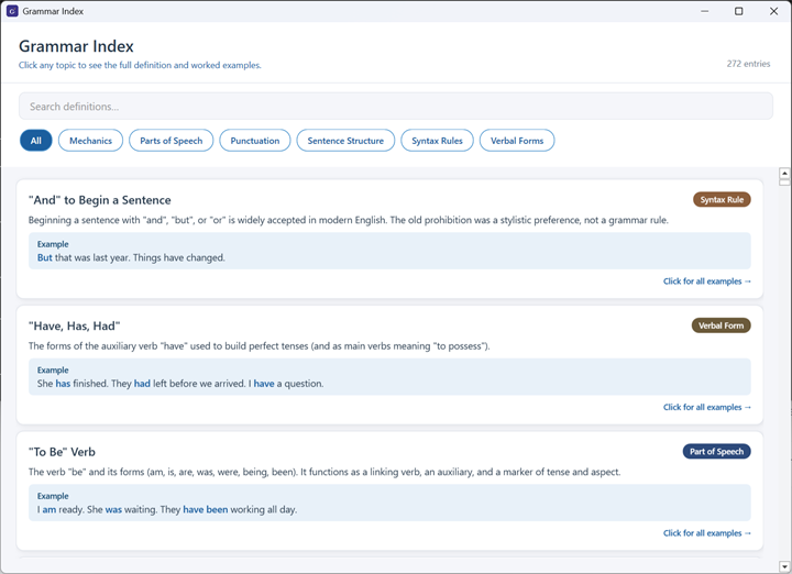 The Grammar Index Windows desktop app showing grammar entries